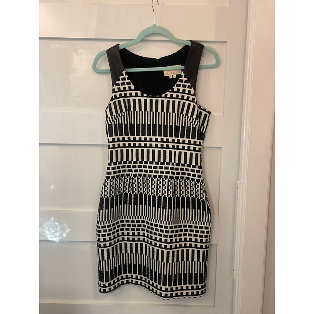 Artelier Nicole Miller Geometric Textured Bodycon Dress Faux Leather Trim Black